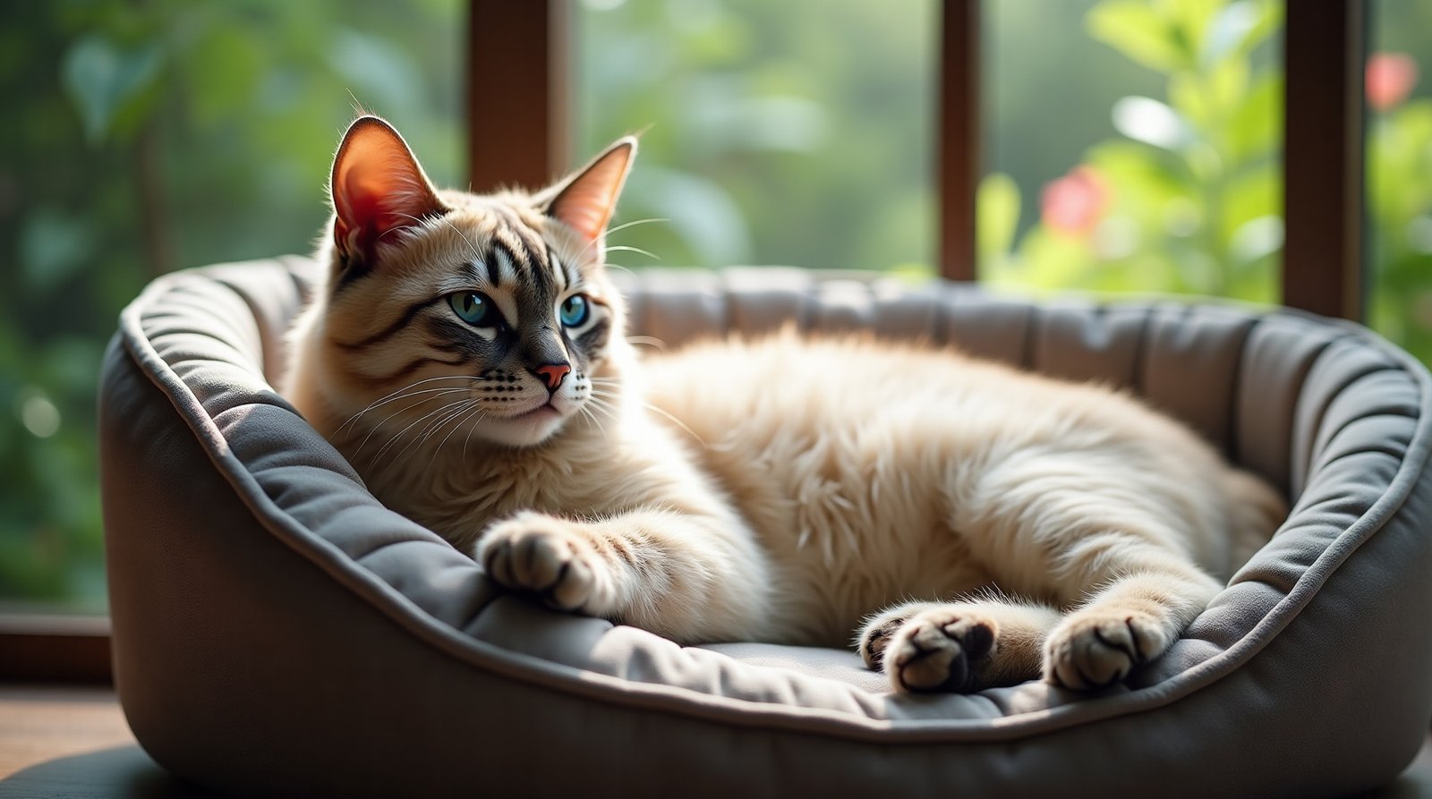 O que muda em 2026: As novas tendências de horários de alimentação pet que prometem revolucionar a saúde animal. 4 Gato siamês relaxado em parapeito de janela após alimentação.