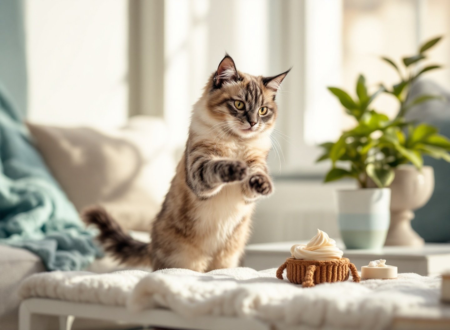 Chega de tédio! Crie uma rotina feliz para pets e veja a transformação no bem-estar do seu animal de estimação. 3 Gato siamês brincando ativamente com brinquedo de pena, exemplo de rotina feliz para felinos