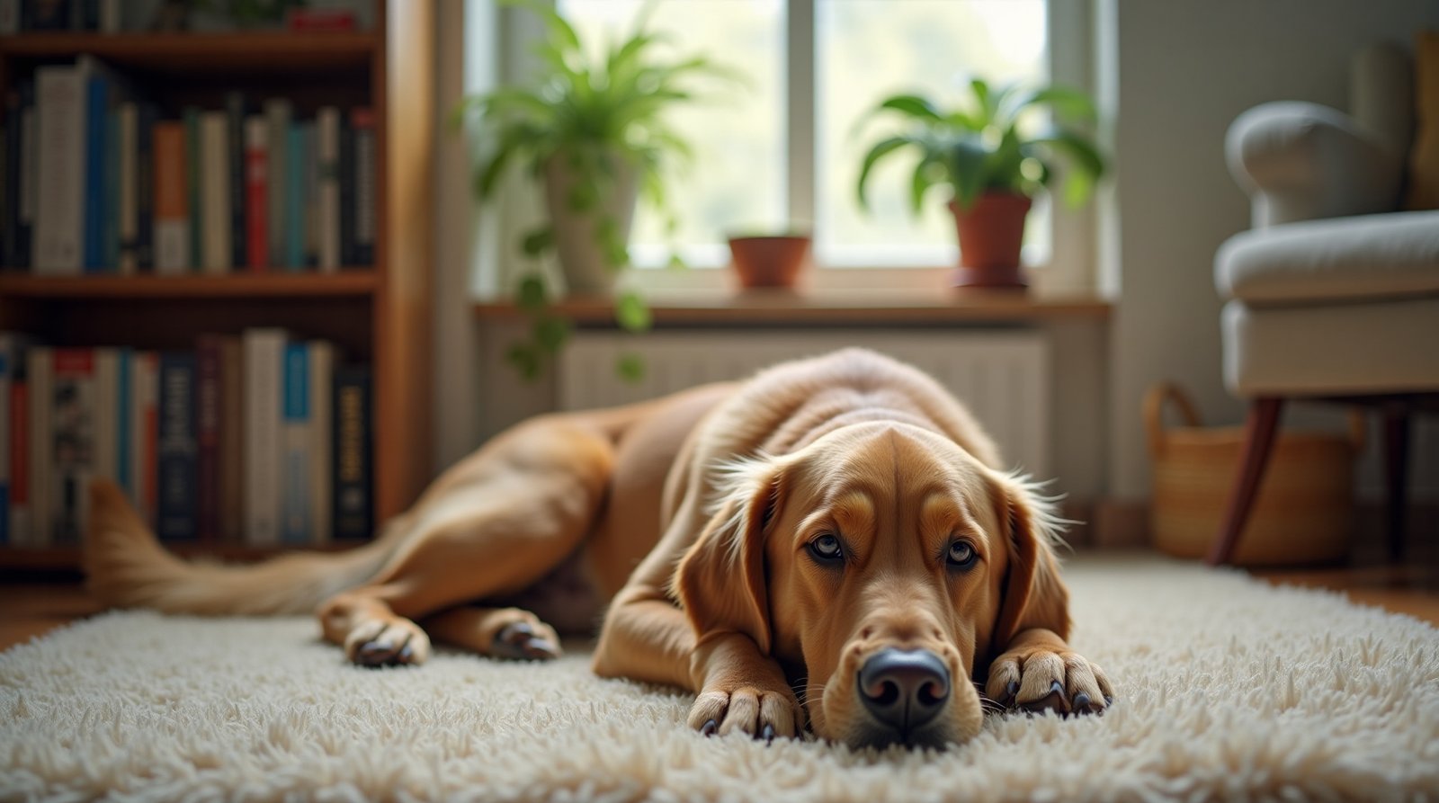 Golden retriever relaxado em casa, exibindo linguagem corporal de bem-estar