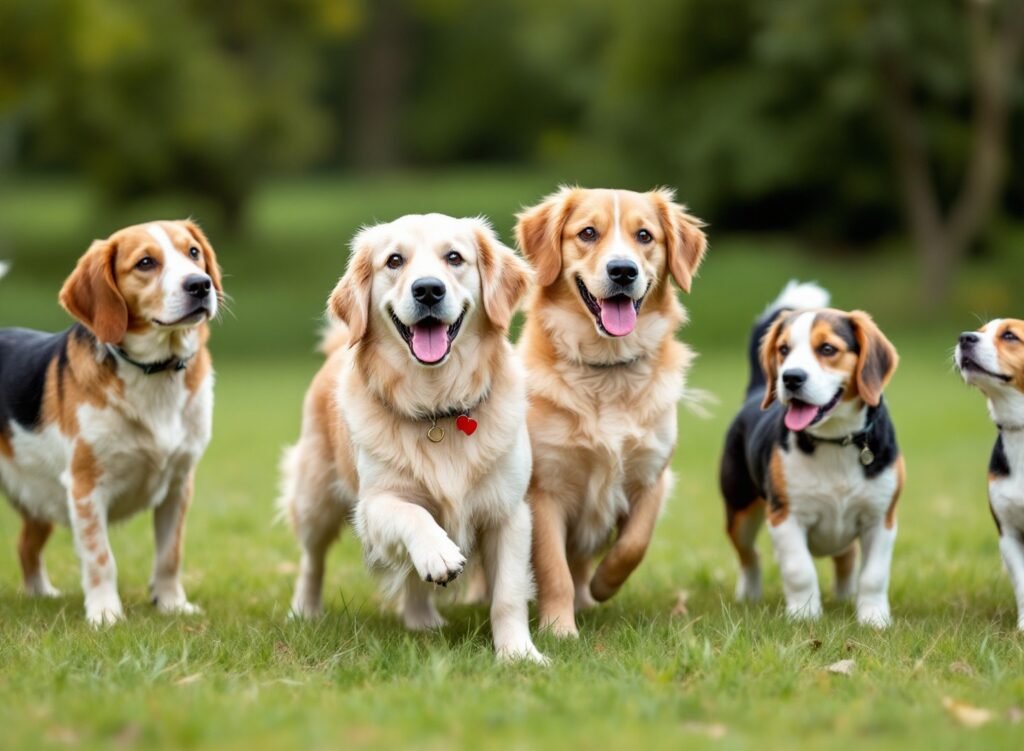 Cães brincando em grupo em um parque cercado.