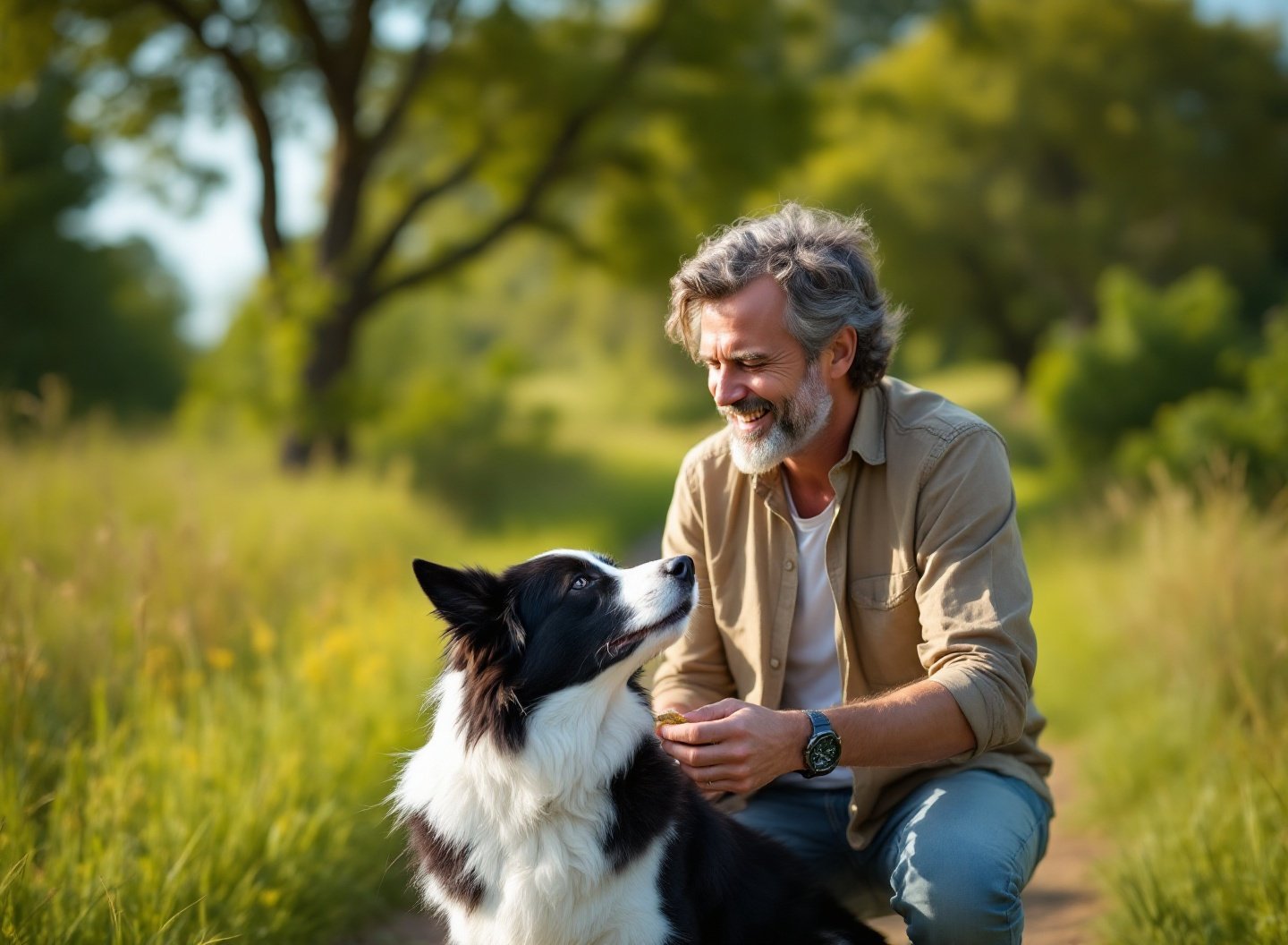 Homem treinando Border Collie com reforço positivo, psicologia animal