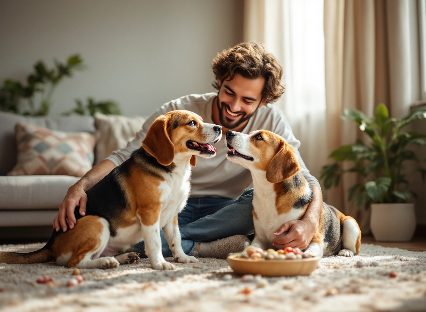 Sinais de que seu pet precisa de ajuda: descubra como transformar o comportamento para uma vida plena. 4 Casal brincando com filhote de beagle, promovendo comportamento saudável pet