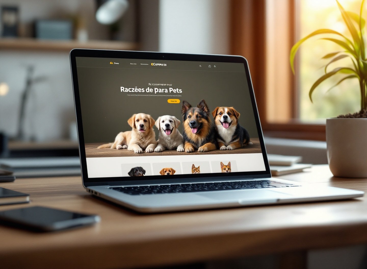 Descubra a Melhor Escolha: Ração Natural ou Comum para Pets 4 Laptop com site de e-commerce de rações para pets.