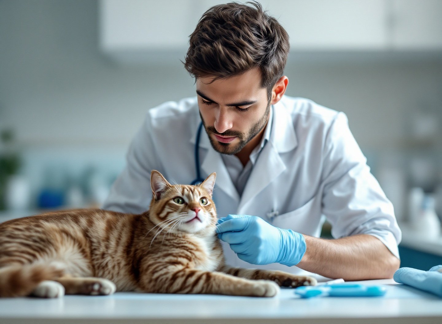 Veterinário examinando a saúde bucal de um gato siamês em clínica
