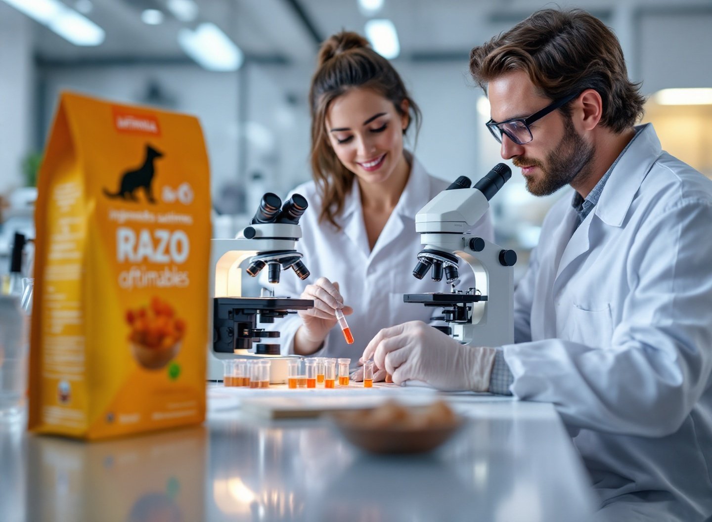 Cientistas em laboratório desenvolvendo ração econômica e sustentável para pets.
