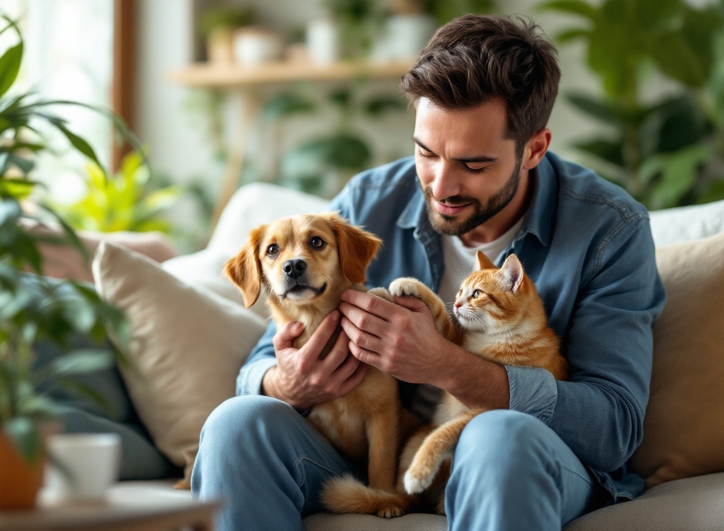 Tutor cuidando de cão e gato em casa