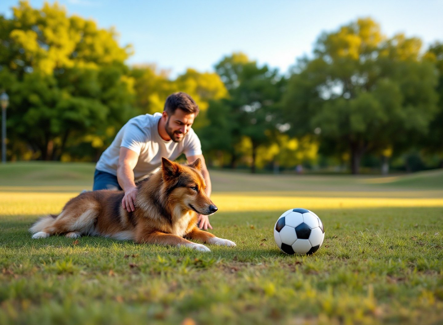 Quando brinquedos não são suficientes: transformando a diversão do seu cão 3 Tutor e cão brincando no parque durante o pôr do sol