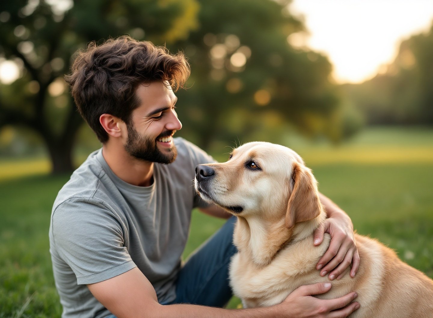 O Fim da Preocupação: Conheça os 5 sinais claros que indicam a saúde do seu pet e aprenda a interpretá-los sem erro. 4 Tutor abraçando carinhosamente seu cachorro labrador, demonstrando o amor e cuidado com a saúde do pet