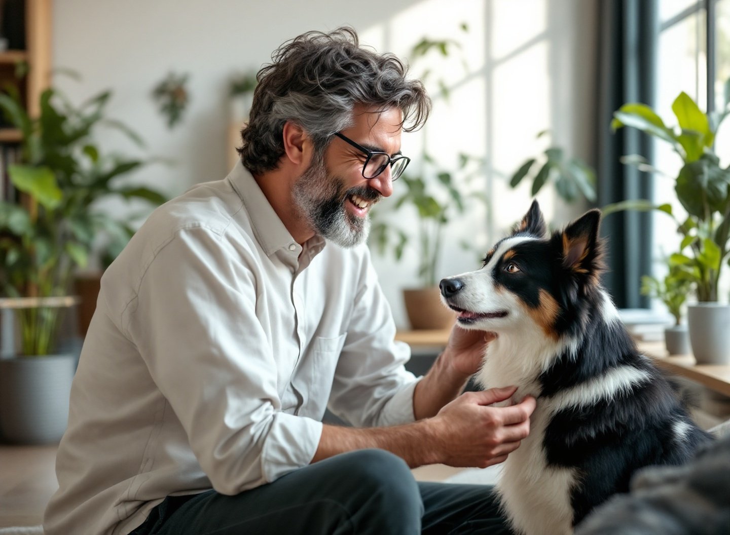 O Próximo Passo: As tendências de 2026 que prometem revolucionar o bem-estar e a felicidade do seu cachorro. 3 Tutor interagindo com Border Collie em casa, usando brinquedo de enriquecimento ambiental para cães