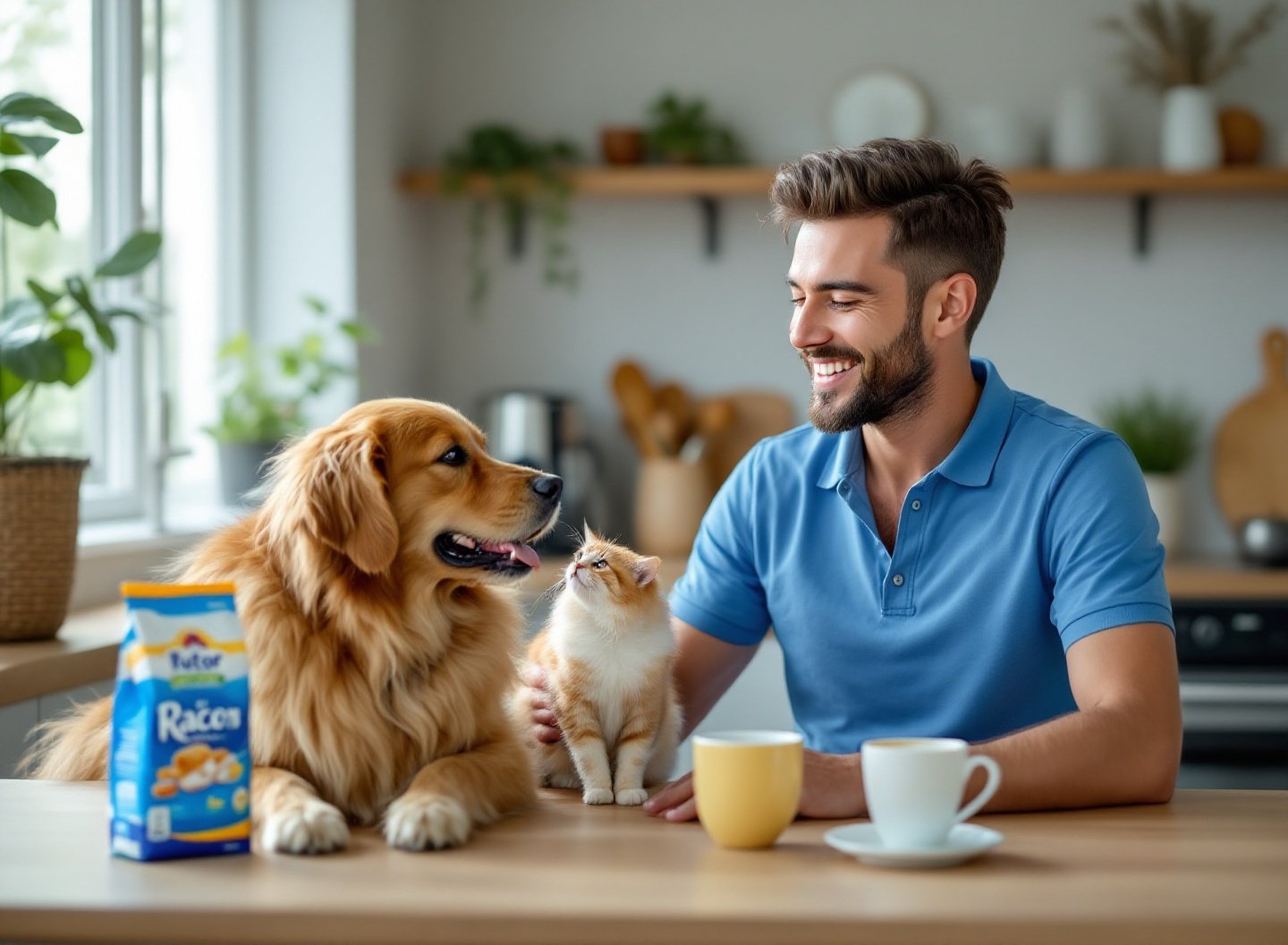 Tutor feliz com Golden Retriever e gato siamês ao lado de ração econômica de qualidade.