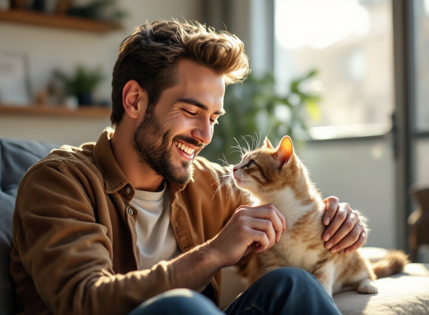 Tutor feliz brincando com gato siamês, saúde e bem-estar animal.