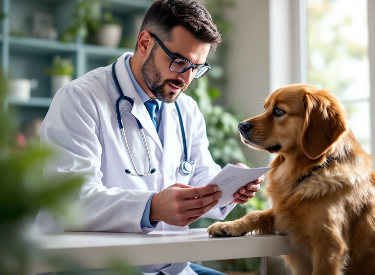 Descubra a Melhor Escolha: Ração Natural ou Comum para Pets 3 Veterinário analisando ingredientes de ração com dono de pet.