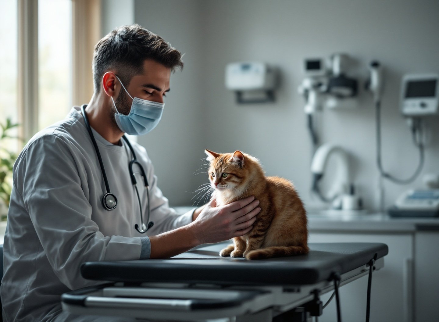 Veterinário examinando gato em clínica