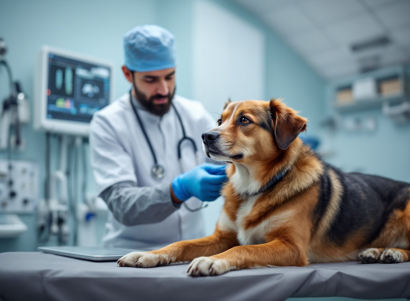 Veterinário examinando sinais de dor em cachorro.