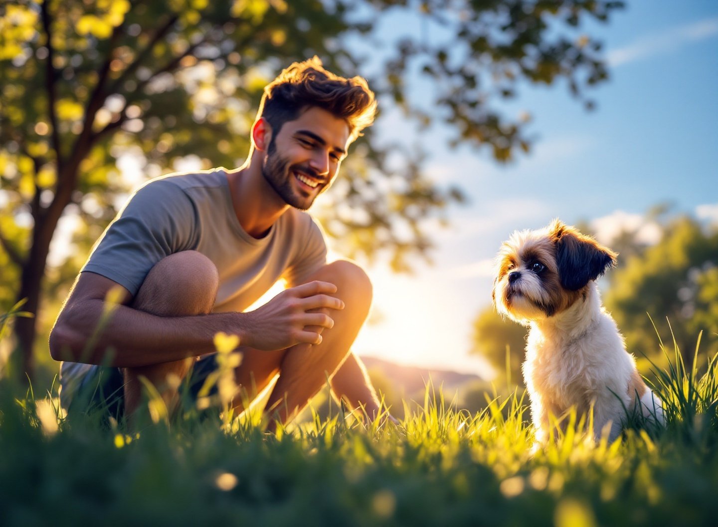 Tutor observando as fezes de um Shih Tzu em um parque, verificando a consistência e cor das excreções