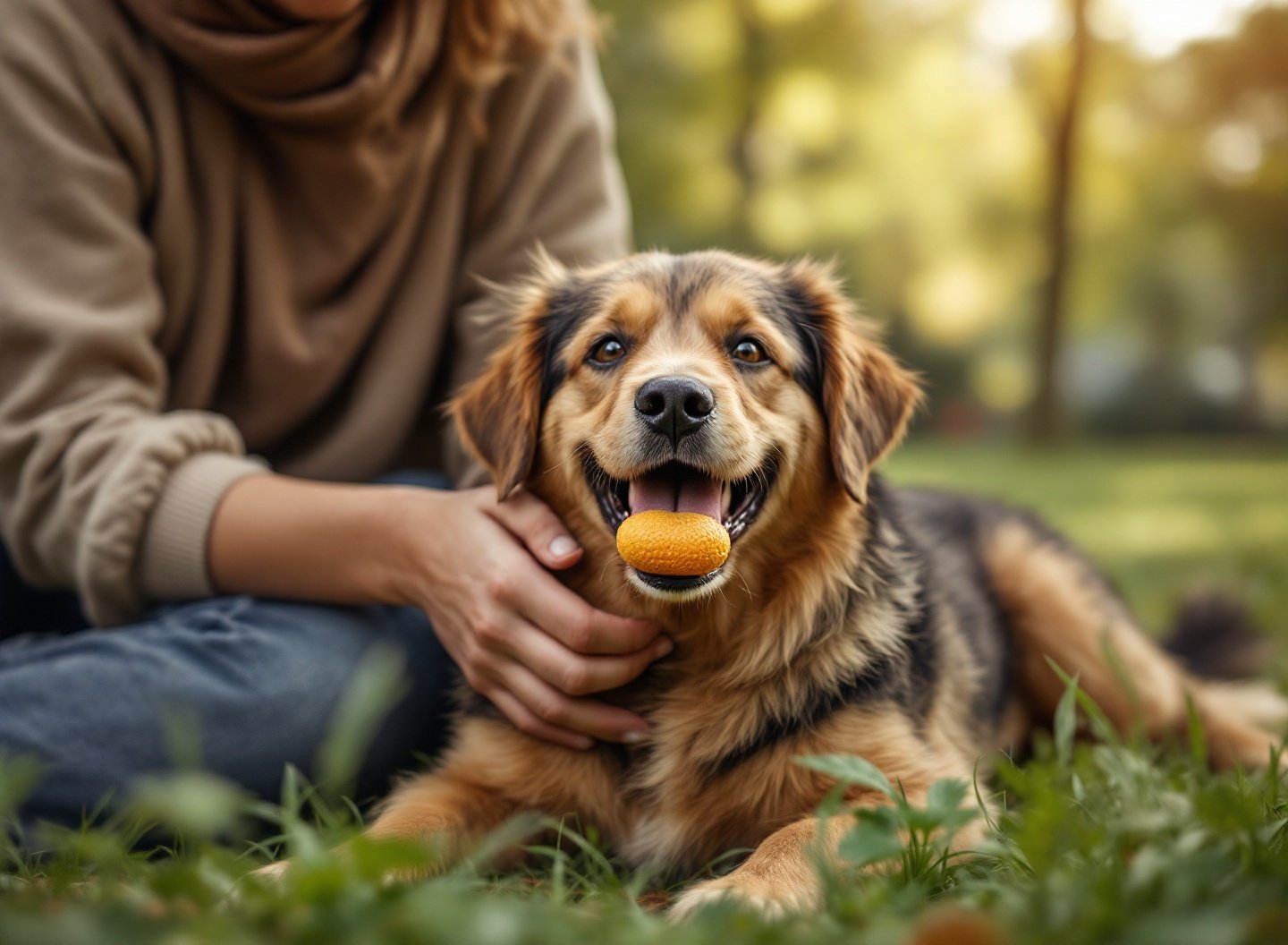 Família brincando com cachorro em parque.