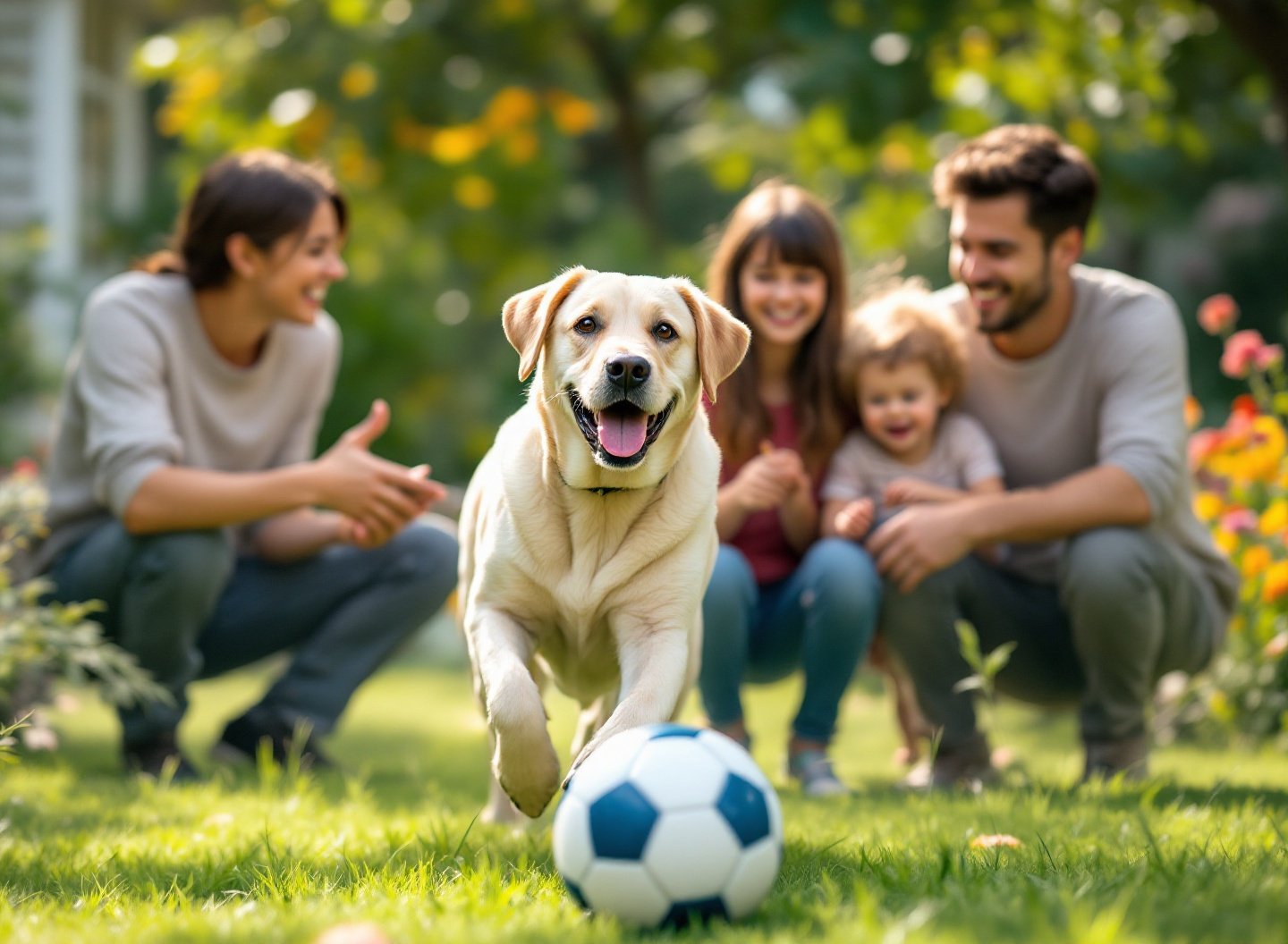 Cansado de infestações? Descubra o produto mais eficaz para eliminar pulgas e carrapatos de vez nos seus cães! 4 Família feliz brincando com cachorro protegido de pulgas e carrapatos em um jardim