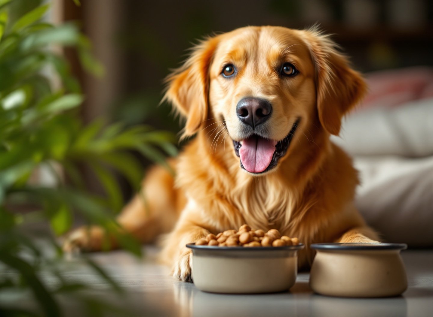 Meu pet merece o melhor? Entenda por que a escolha da ração impacta diretamente a vida do seu companheiro. 2 Cão Golden Retriever saudável comendo ração premium, demonstrando bem-estar animal.