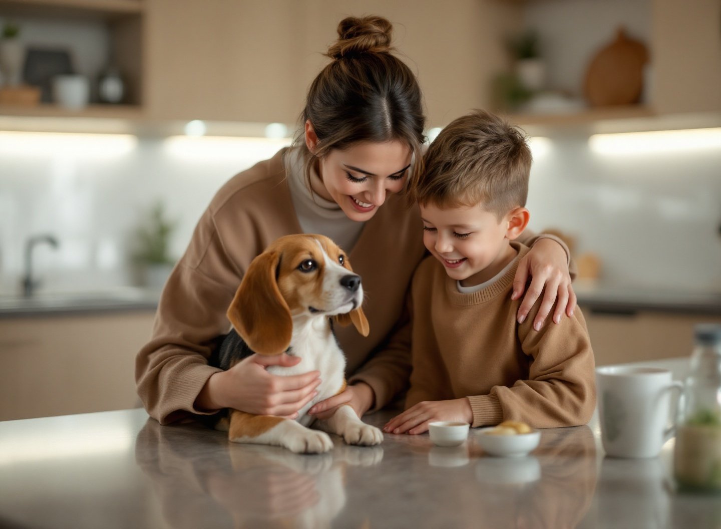 Família escolhendo ração premium para cachorro Beagle na cozinha