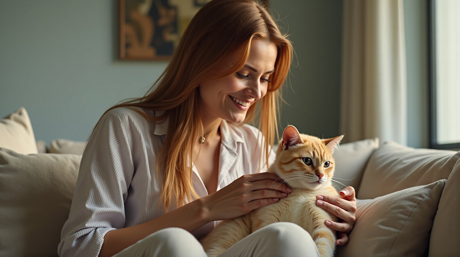 Sinais Inesperados: Como identificar e reduzir a ansiedade no comportamento de pets em casas urbanas. 3 Mulher acalmando gato Siamês, interação positiva, redução de estresse em gatos
