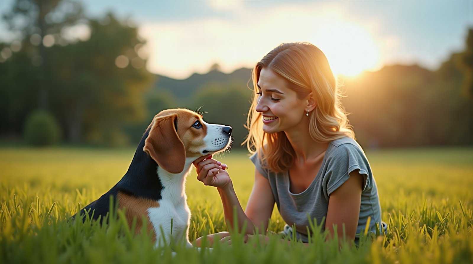 Chega de mistérios! Desvende os sinais do comportamento pet para uma convivência harmoniosa a partir de agora. 4 Mulher treinando Beagle com petisco, reforço positivo para entender comportamento pet.