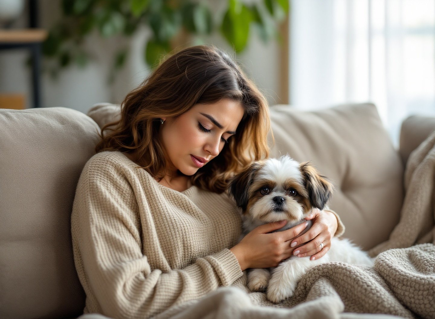 Mulher preocupada avaliando a saúde de seu Shih Tzu em casa