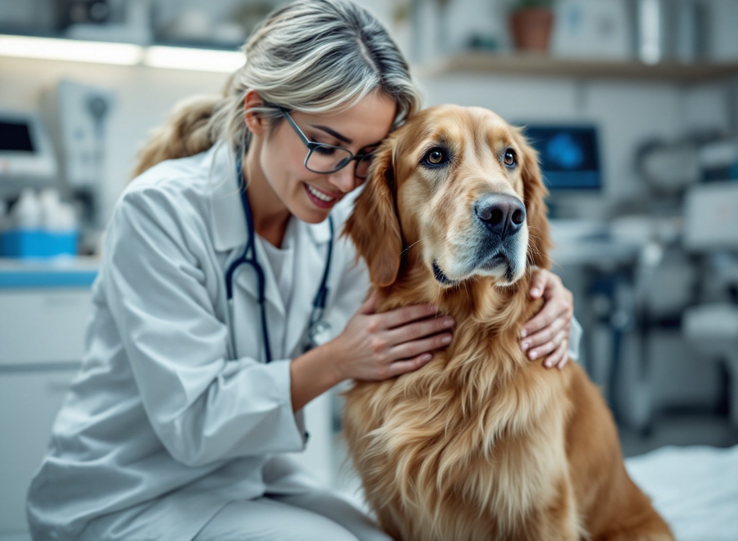 O Fim da Preocupação: Conheça os 5 sinais claros que indicam a saúde do seu pet e aprenda a interpretá-los sem erro. 2 Veterinária examinando um cachorro golden retriever em consultório, verificando a saúde do pet