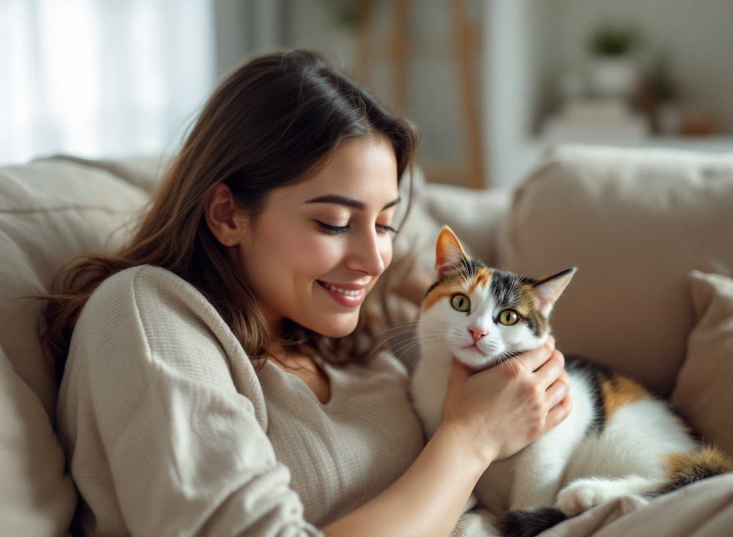 Mulher acariciando gato tricolor, fortalecendo a conexão e entendendo sinais emocionais pet