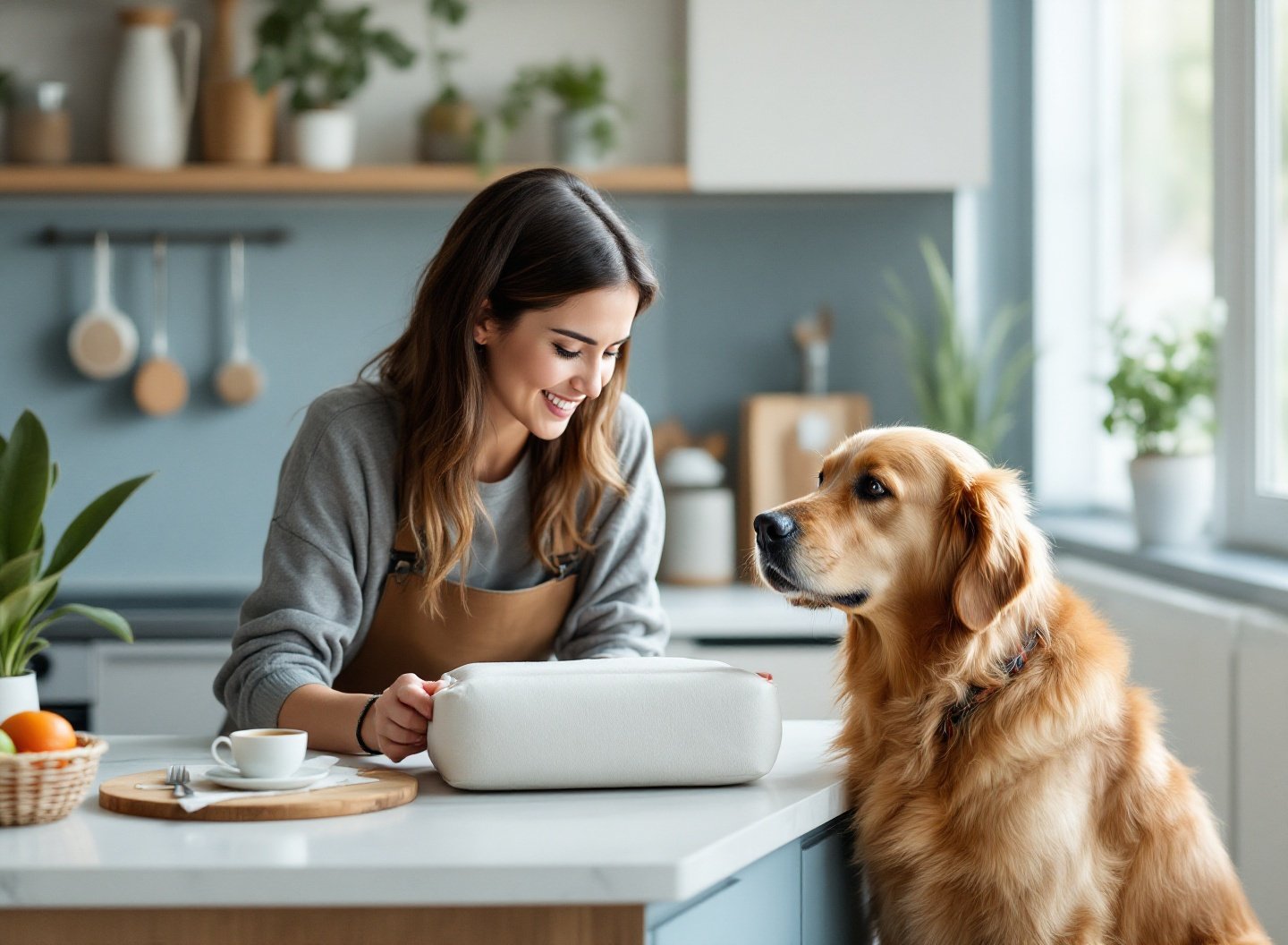 Pare de Errar: Descubra como escolher a melhor ração para seu cão e transforme a saúde dele agora. 2 Mulher alimentando Golden Retriever com ração premium em cozinha iluminada