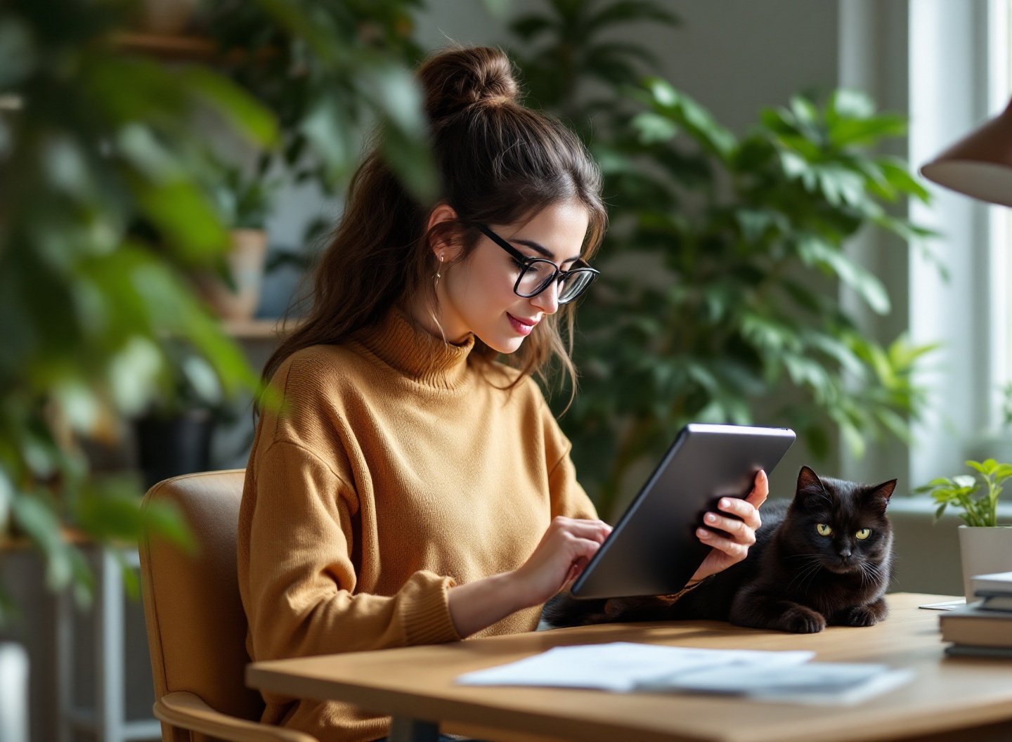 Mulher pesquisando online ração econômica para pets com seu gato preto.