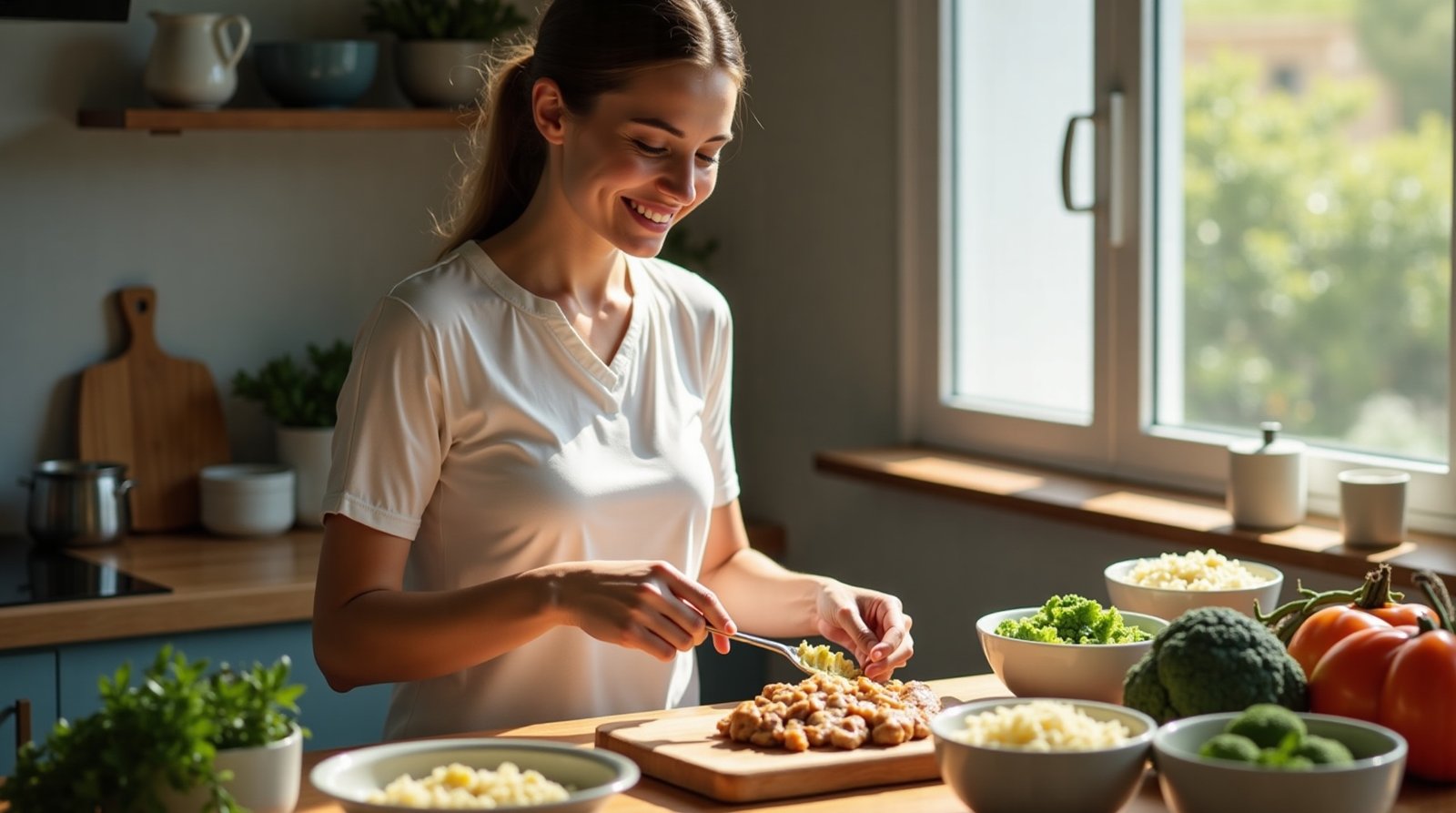 O que muda em 2026: As novas tendências de horários de alimentação pet que prometem revolucionar a saúde animal. 3 Mulher preparando porções de comida natural para cães em cozinha.