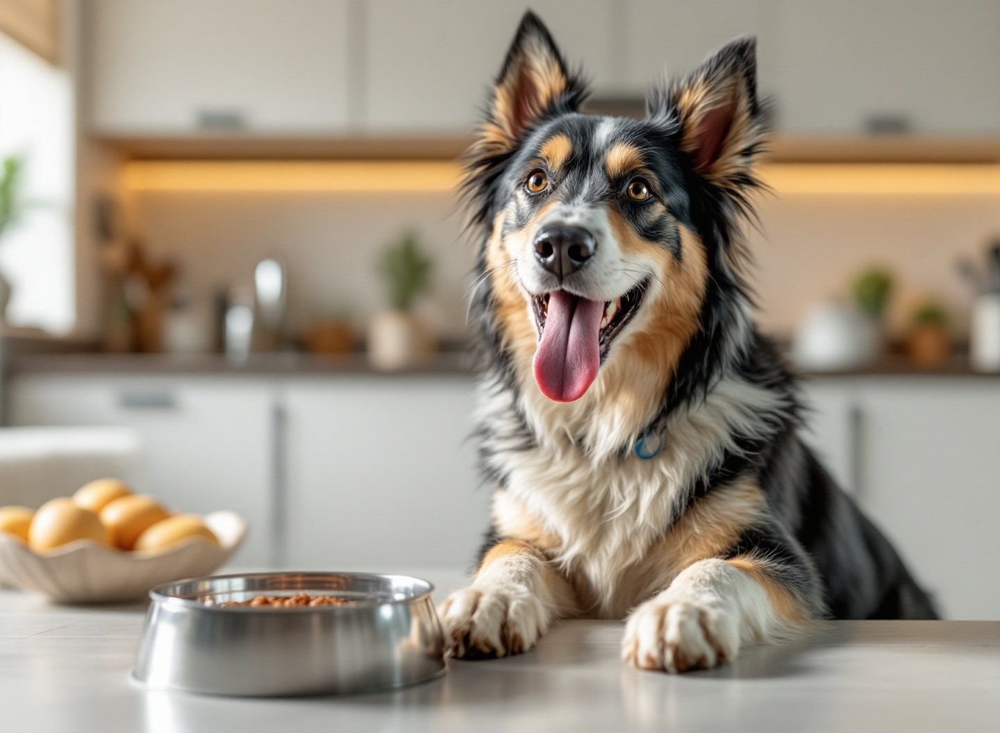 Cão dourado comendo ração, sinal de pet feliz e saudável.
