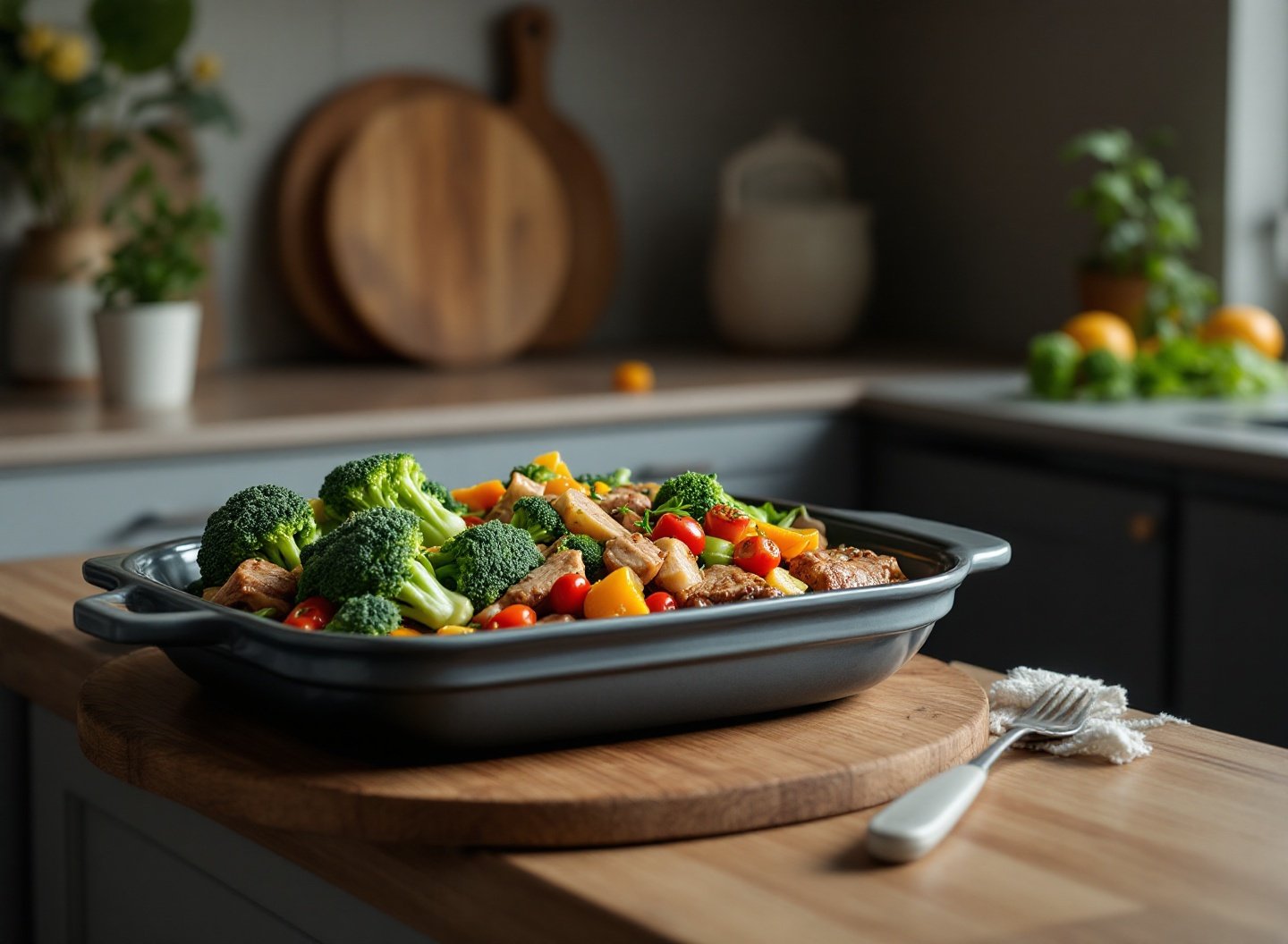 Tigela de comida natural para pets com carne e vegetais frescos em bancada de madeira.