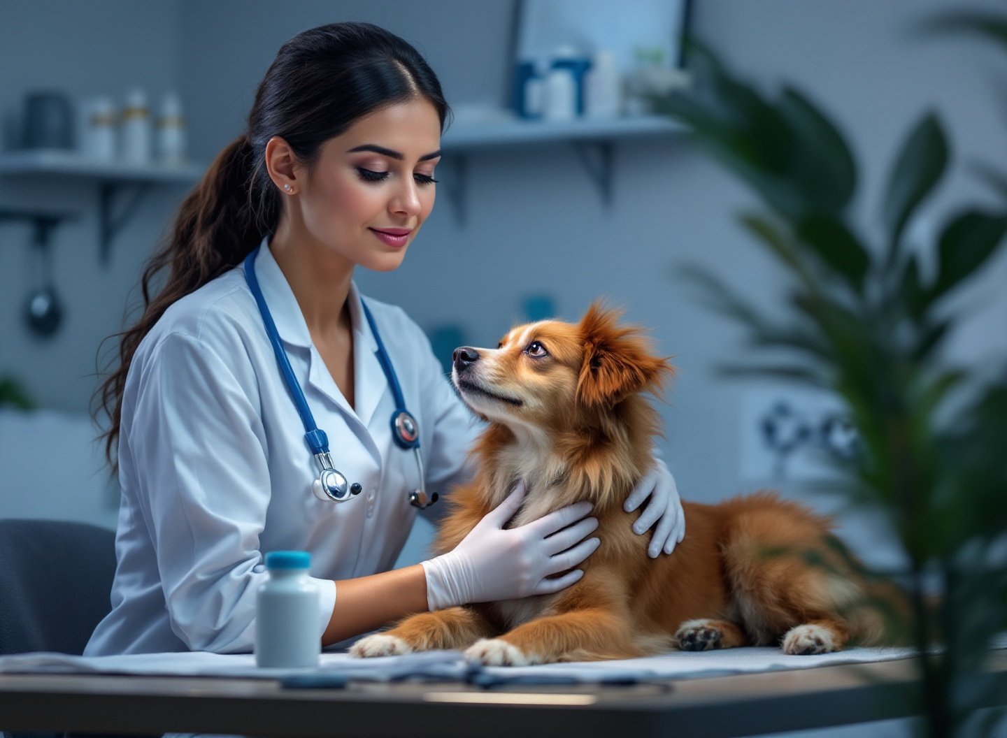 Seu Pet está Sofrendo e Você Não Vê: Os 7 Sinais Silenciosos que Veterinários Alertam 4 Veterinária examinando cachorro doente na maca do consultório com profissionalismo
