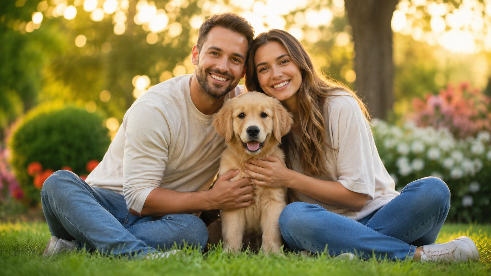 Casal feliz com filhote de Golden Retriever em jardim, escolhendo o melhor cachorro para a família