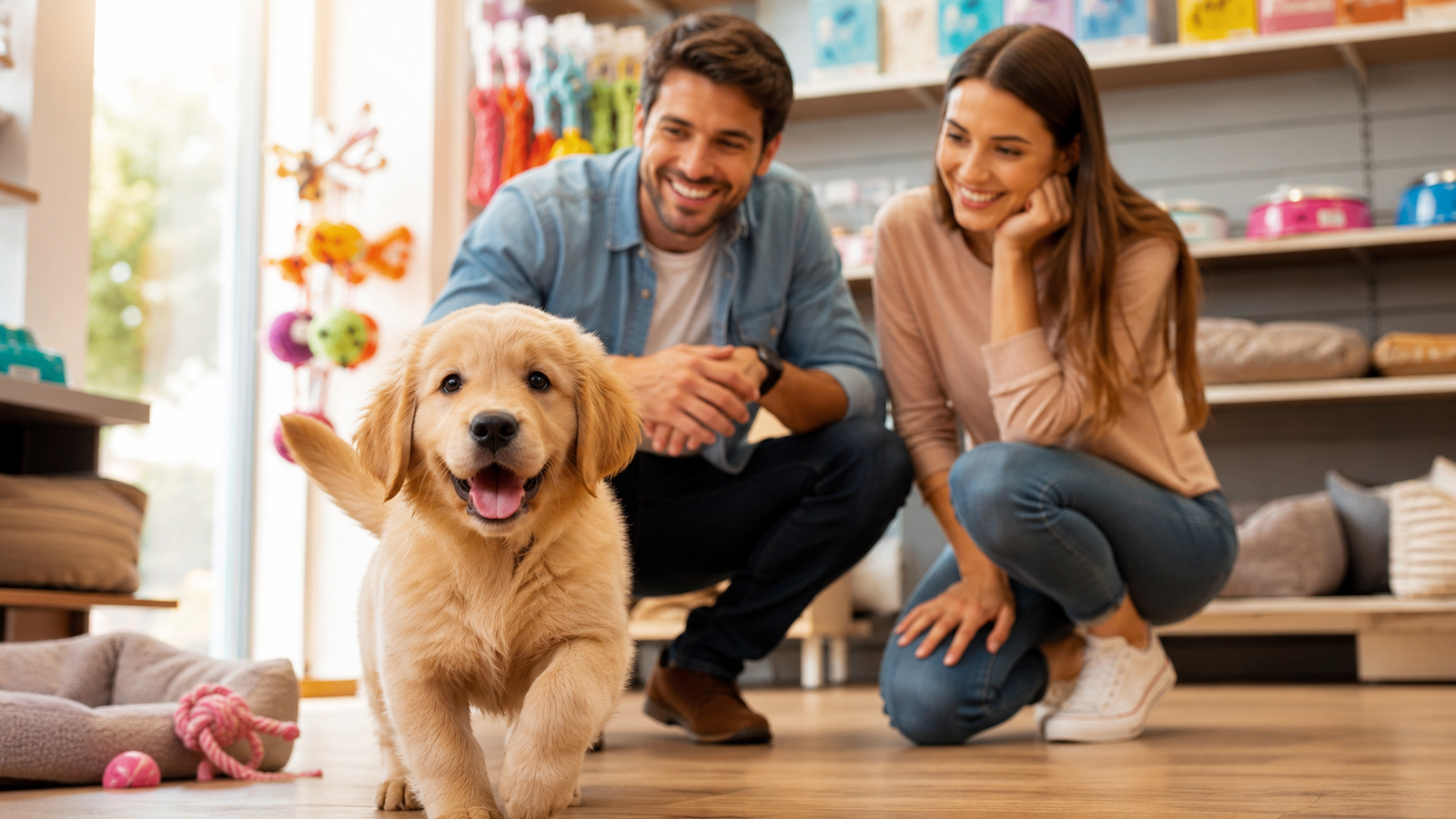 Não Seja Pego de Surpresa: O que ninguém te conta sobre quanto custa ter um cachorro de verdade 2 Casal feliz observando filhote de Golden Retriever em loja, pensando no custo de cachorro