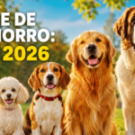 Cinco cães de diferentes portes alinhados em parque natural com tipografia de guia completo, imagem editorial para Google Discover