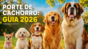 Cinco cães de diferentes portes alinhados em parque natural com tipografia de guia completo, imagem editorial para Google Discover