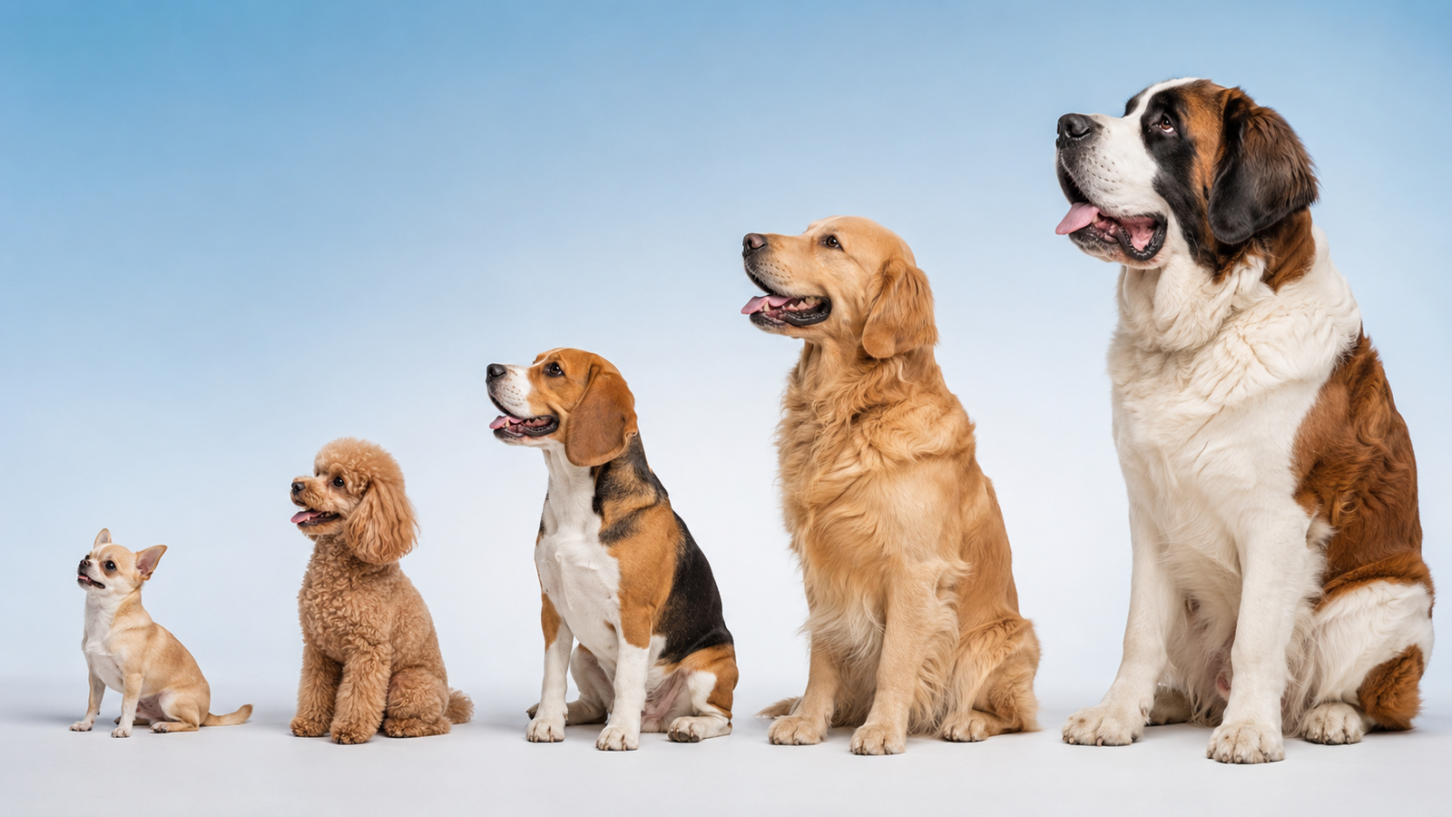 Comparação visual de cinco portes de cachorro diferentes alinhados lado a lado, do menor ao maior, mostrando proporções reais entre raças toy, pequenas, médias, grandes e gigantes
