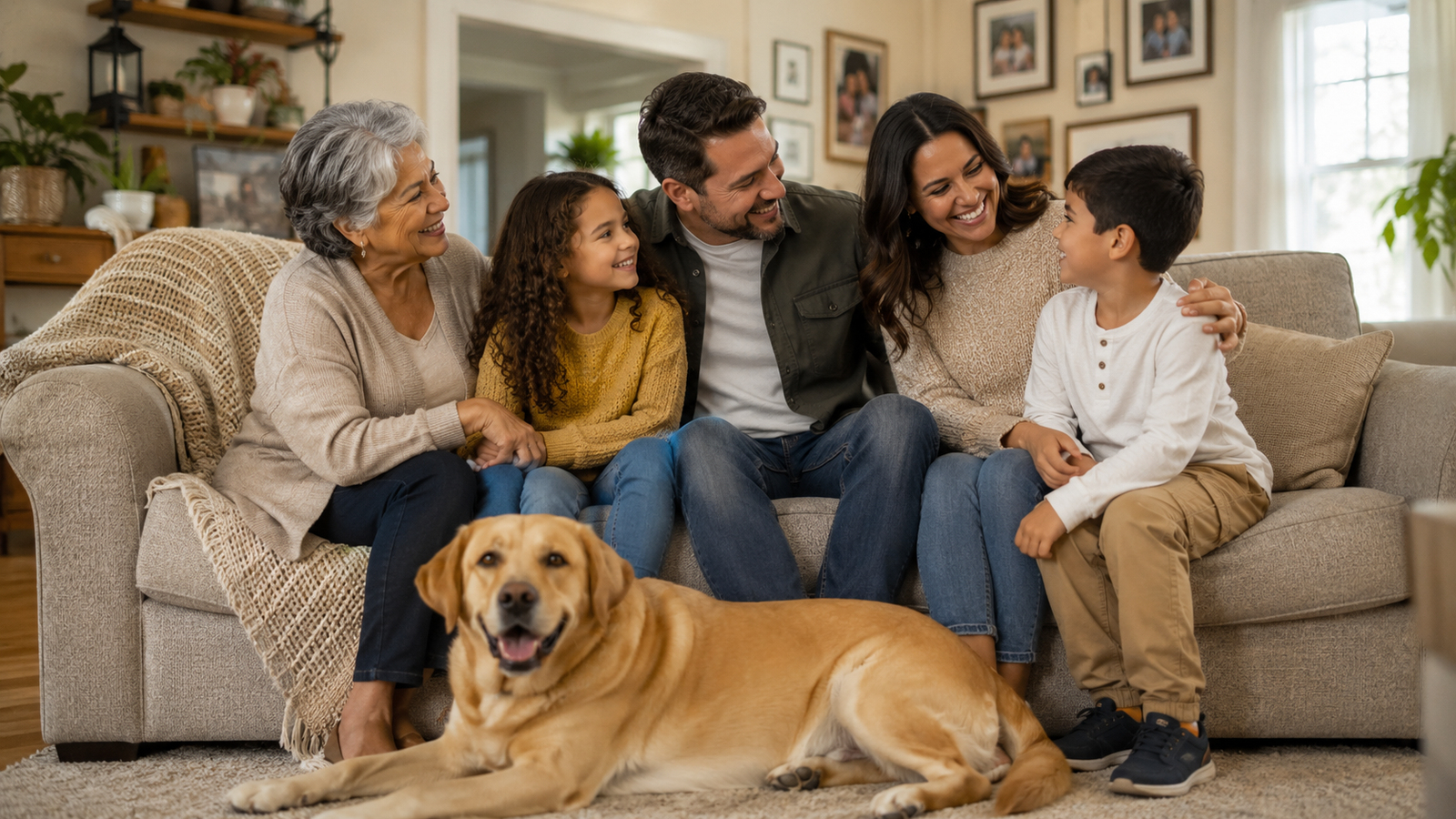Família feliz com cão de médio porte em sala aconchegante, mostrando compatibilidade entre tamanho do animal e ambiente doméstico