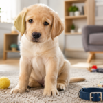 Filhote de Labrador curioso em sala de estar, simbolizando a alegria e o custo de ter um cachorro