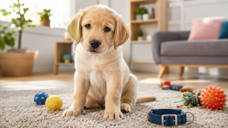 Filhote de Labrador curioso em sala de estar, simbolizando a alegria e o custo de ter um cachorro