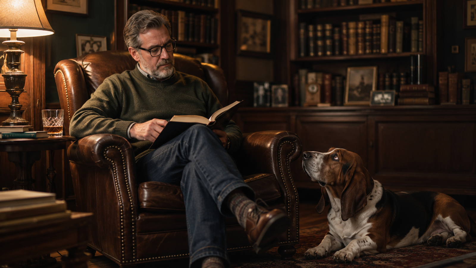 Homem lendo com Basset Hound, simbolizando a busca pelo melhor cachorro para um estilo de vida tranquilo.