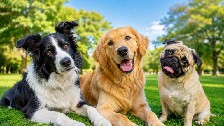 Melhor cachorro para você: Raças variadas em parque ensolarado, guia completo de escolha.
