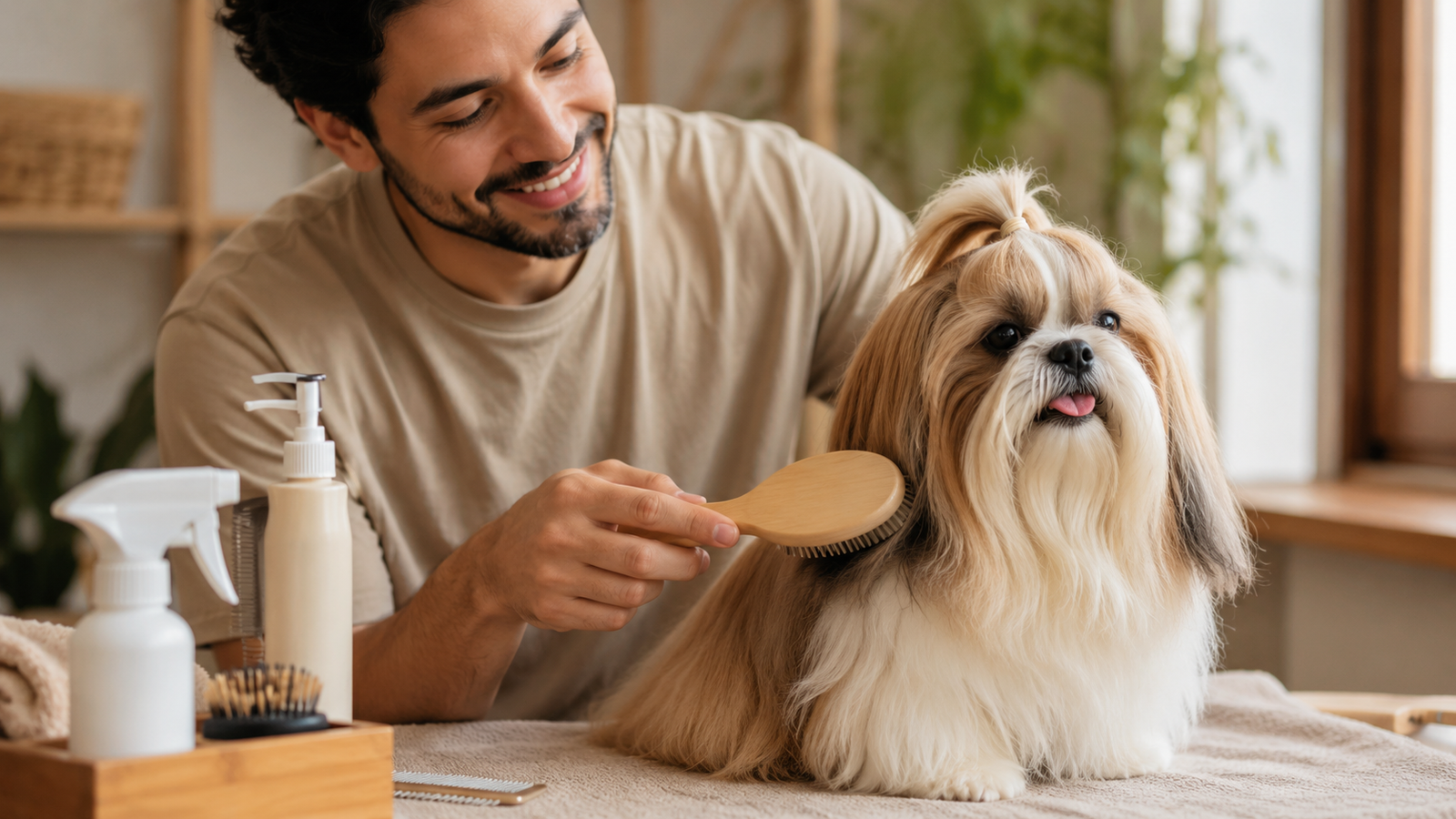 Não Seja Pego de Surpresa: O que ninguém te conta sobre quanto custa ter um cachorro de verdade 3 Tutor escovando cachorro Shih Tzu em casa, mostrando a rotina de higiene e o custo de cachorro