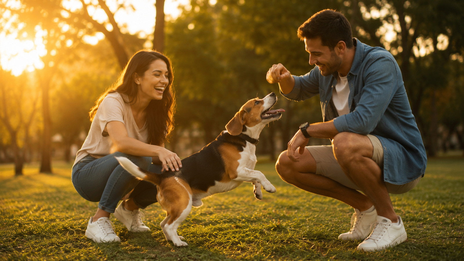Seu pet está tremendo ou latindo sem motivo? Os sinais físicos de ansiedade que todo dono precisa reconhecer agora 4 Tutores brincando com cachorro no parque, prevenção de ansiedade através de exercício e interação