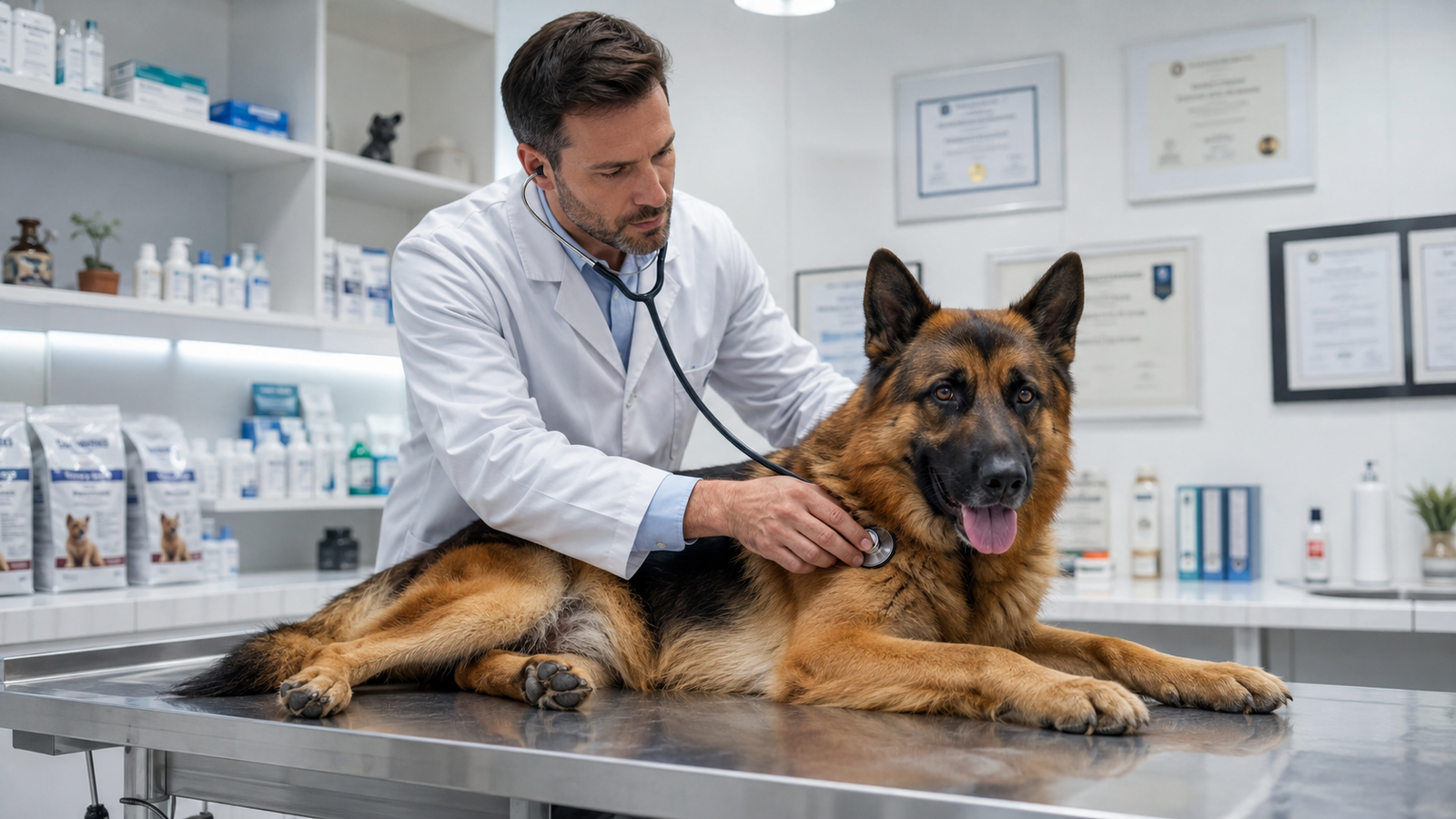 Veterinário examinando cão grande em consultório, representando cuidados veterinários especializados por porte