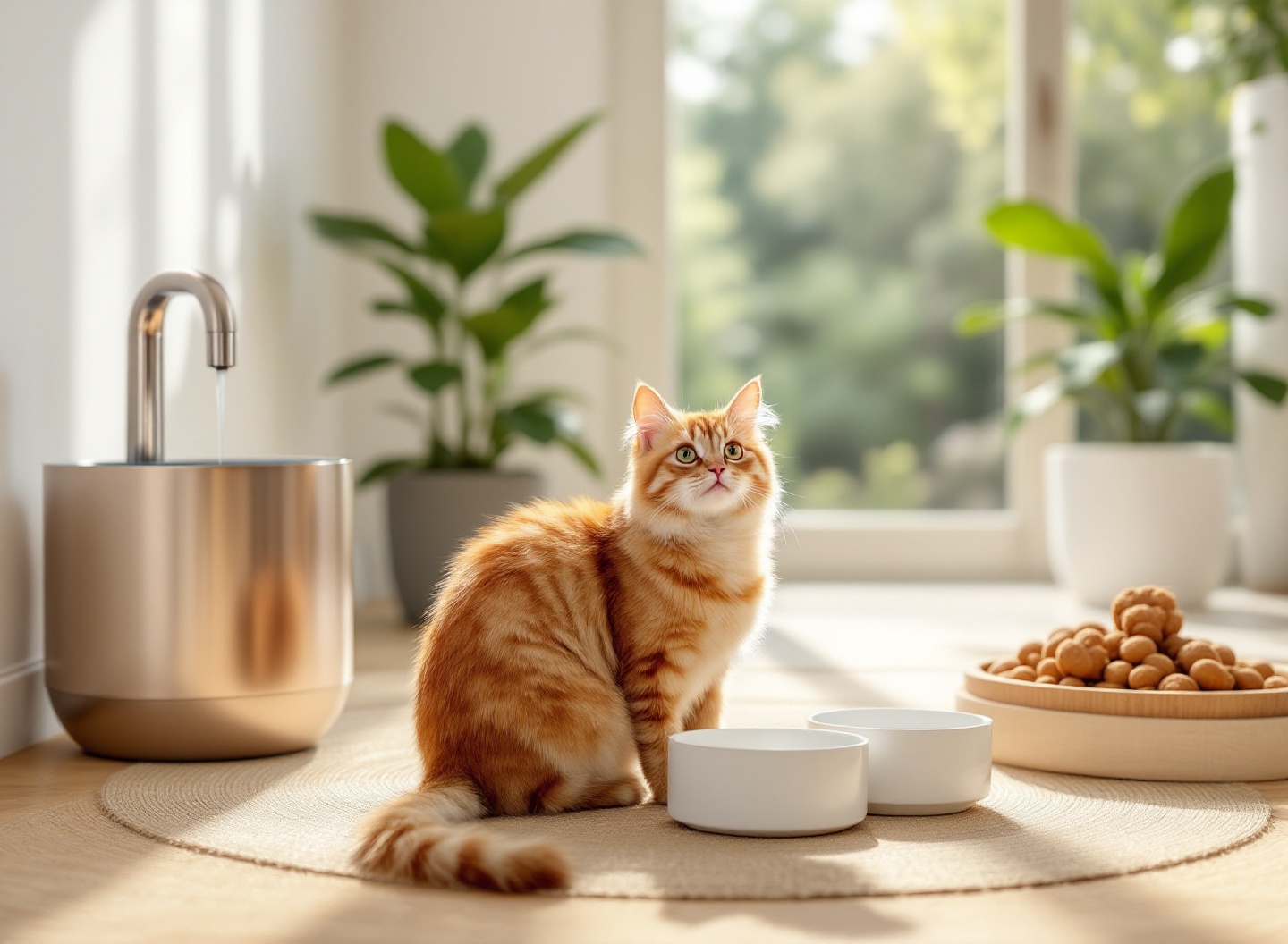 Gato Pode Ficar Sozinho: O Tempo Seguro e Como Preparar seu Felino para a Ausência 3 Ambiente preparado para gato sozinho com caixa de areia, fonte de água, alimento e brinquedos distribuídos estrategicamente