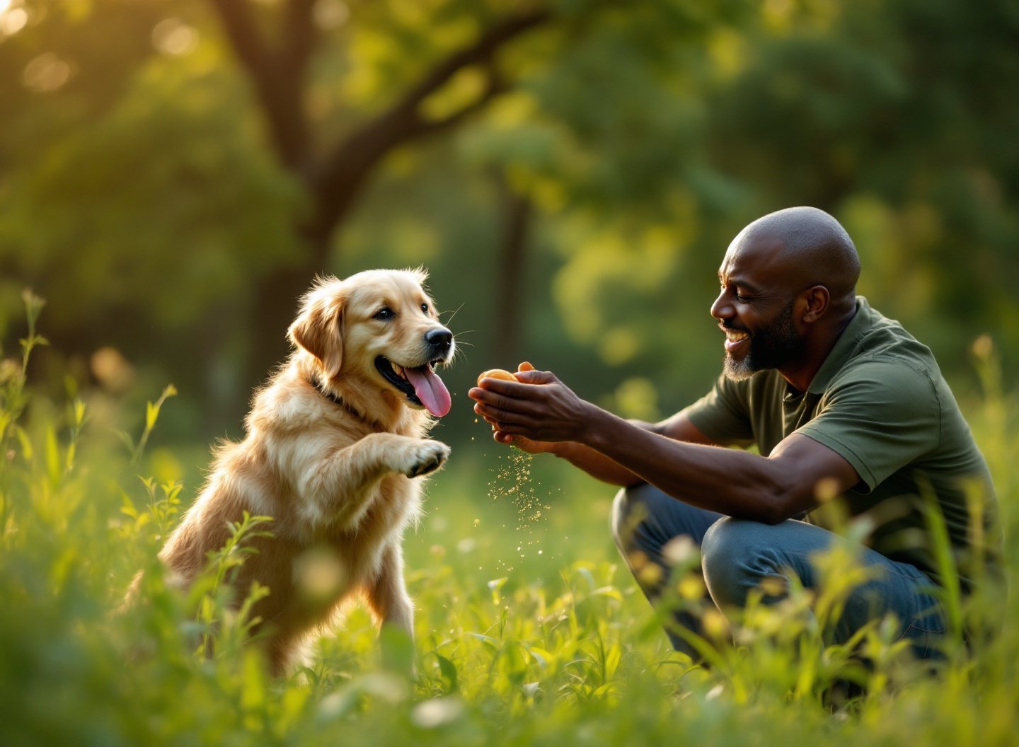 cão com comportamento melhorado brincando alegremente com tutor em parque