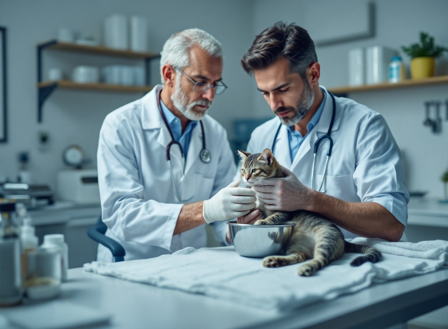 veterinário realizando exame clínico em gato para diagnóstico de mudança comportamental